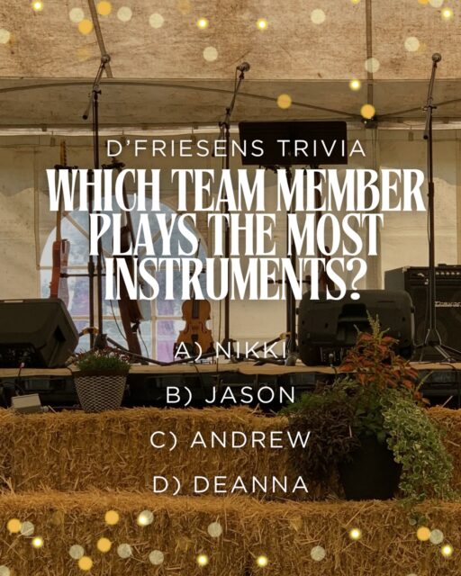 D’Friesens Countdown to Christmas Day 8:
Trivia Time!
Which team member plays the most amount of instruments?
Vote in the poll or in our story (or comment on Facebook).
#dfriesensmusic #multinational1985 #countdowntochristmas