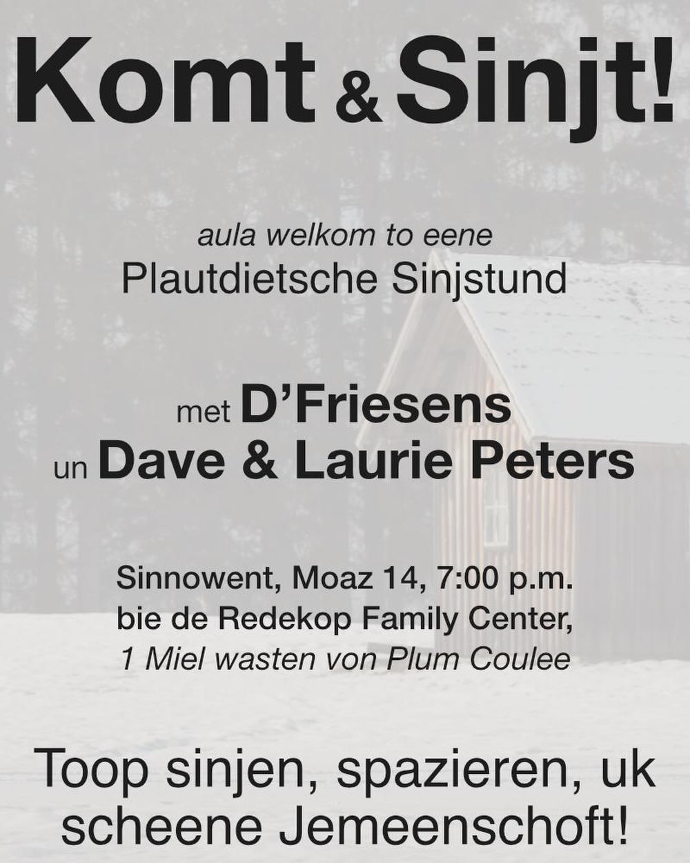 Join us tomorrow night (Saturday, March 14) for another #lowgerman music night!
#dfriesensmusic #multination1985 #plautdietsch