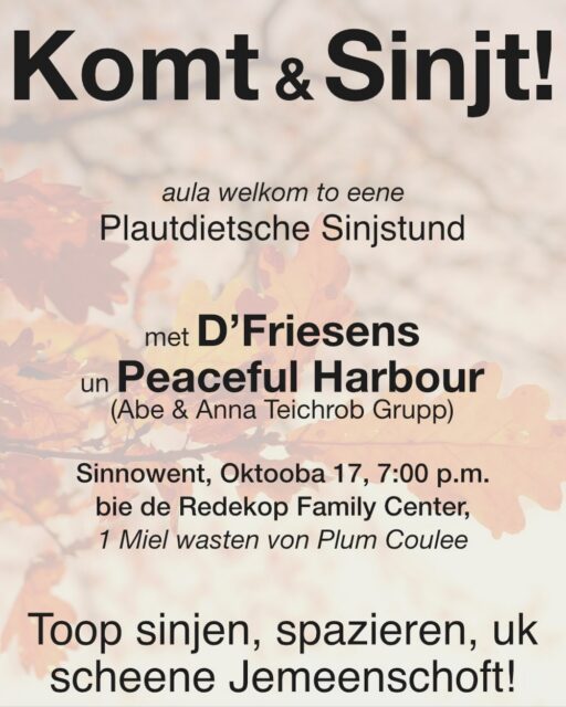 Join us on October 17 for another Low German music night! Does your Low German need some review? This is the place to do it! 
#dfriesensmusic #multination1985 #lowgerman #plautdietsch