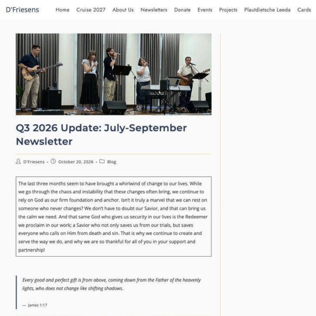 Our latest newsletter is now available on our website! If you want to hear what has kept us busy over the past three months, visit dfriesens.org/newsletters. If you would like to receive our updates directly in your email inbox, subscribe to our email updates at dfriesens.org (scroll down to the footer and add your email information).
#dfriesensmusic #multination1985 #lowgermanministry