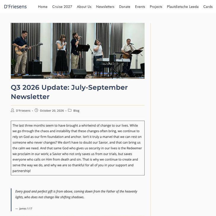 Our latest newsletter is now available on our website! If you want to hear what has kept us busy over the past three months, visit dfriesens.org/newsletters. If you would like to receive our updates directly in your email inbox, subscribe to our email updates at dfriesens.org (scroll down to the footer and add your email information).
#dfriesensmusic #multination1985 #lowgermanministry